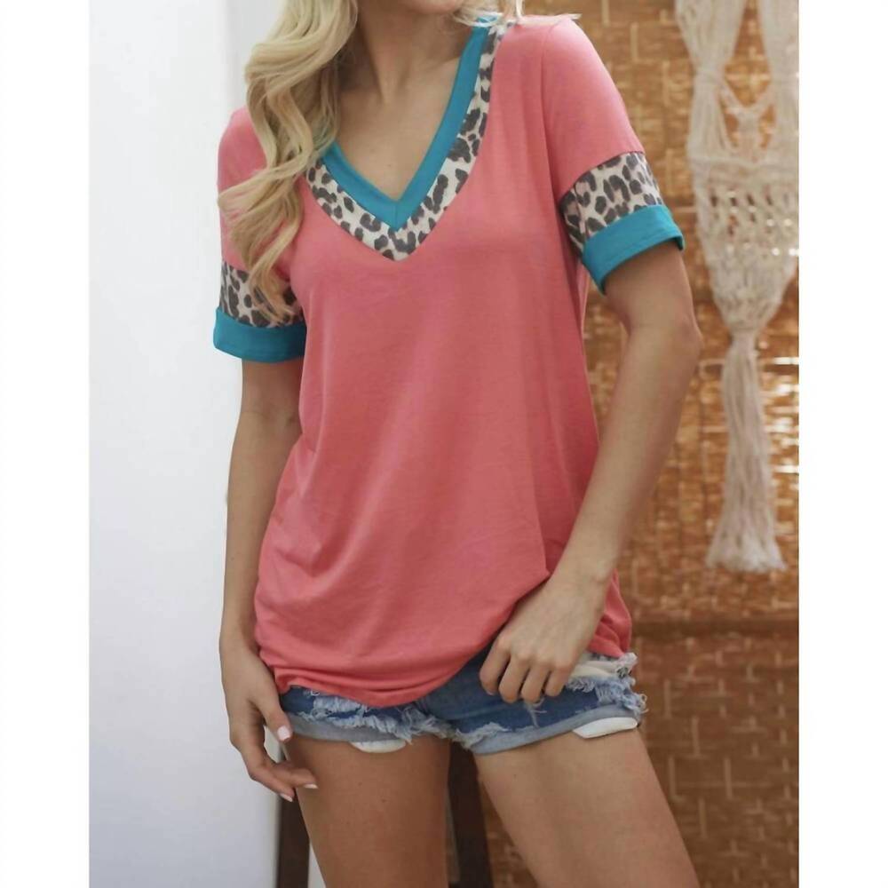 NEW LOVELY MELODY women's v-neck animal print tee top in coral